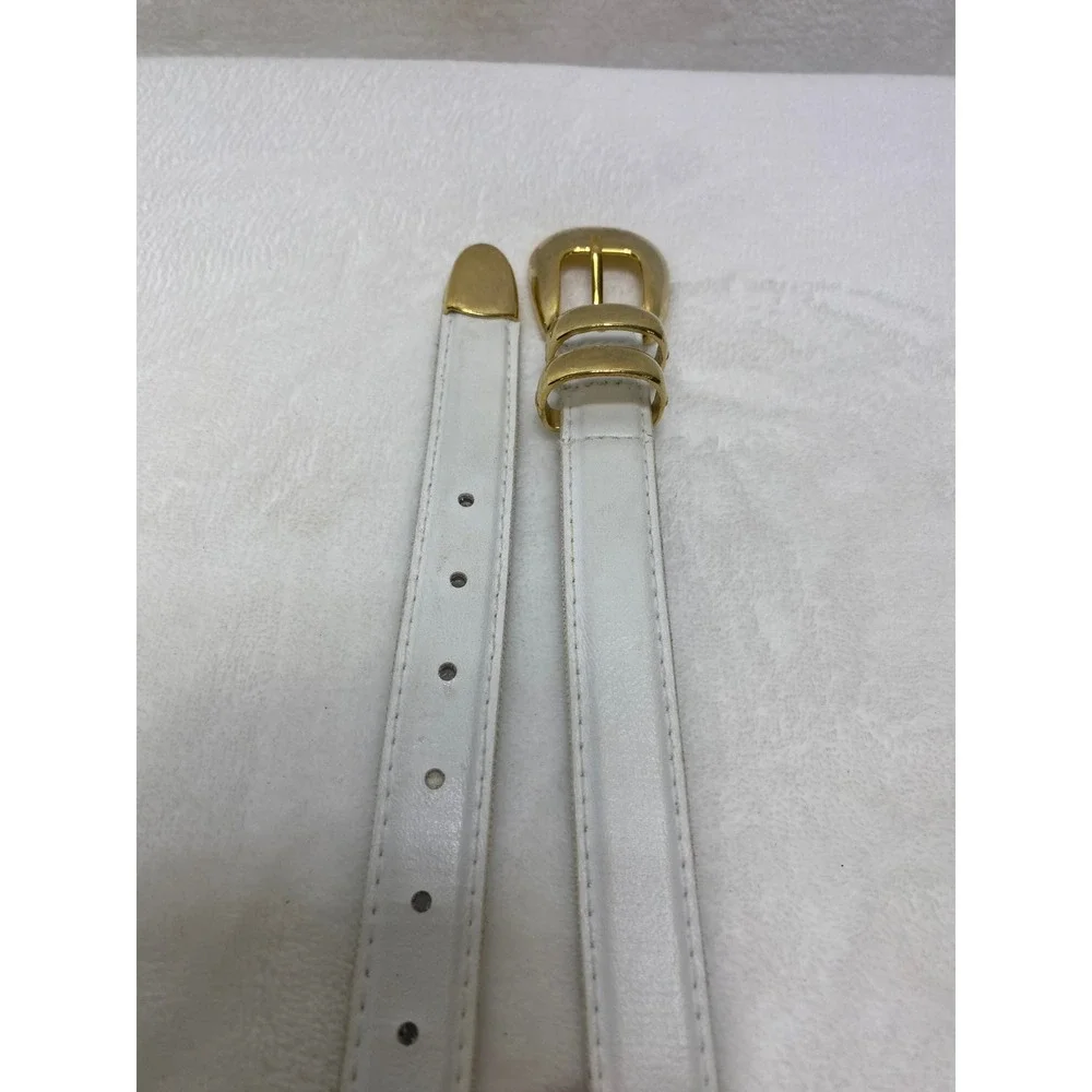 VTG Womens White Leather Skinny Dressy Belt Gold Tone‎ Buckle Metal Tip 37 Inch